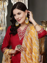 Women's Lehariya Print & Embroidered Muslin Straight Kurta Pant Dupatta Set-KPDPINKKASTURI