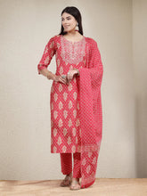Women's Printed & Embroidered Rayon Straight Kurta Pant Dupatta Set-KPDPINKKOHLI