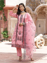 Women's Pink Pakistani Solid & Embroidered Silk Blend Straight Kurta Pant Dupatta-KPDPINKLEE