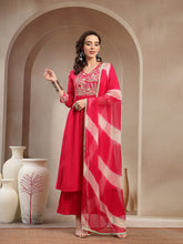 Stylum Women's Pink Solid & Embroidered Crepe A-Line Kurta Palazzo Dupatta Set (KPDPINKMALA)