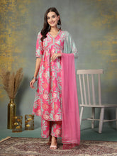 Women's Pink Floral Printed & Embroidered Rayon Alia Cut Kurta Pant Dupatta Set-KPDPINKTACO
