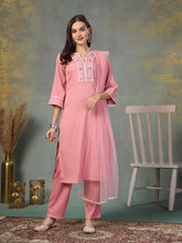 Women's Pink Solid & Embroidered Italian Crush Straight Kurta Pant Dupatta Set-KPDPINKVOOMA