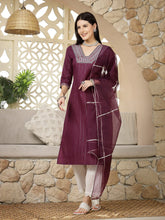 Women's Purple Woven Design & Embroidered Cotton Blend Lurex Straight Kurta Pant Dupatta Set-KPDPURPLECHAKOR