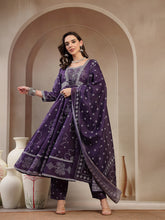 Stylum Women's Purple Ethnic Printed Cotton Blend Anarkali Kurta Pant Dupatta Set (KPDPURPLEKOSAR)