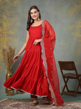 Women's Red Solid Rayon Tiered Kurta Pant Dupatta Set-KPDREDBAR