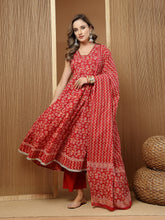 Stylum Women's Floral Printed Cotton Anarkali Kurta Palazzo Dupatta Set (KPDREDDAMAN)