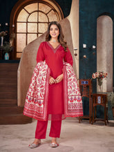 Women's Red Solid & Embroidered Silk Blend Straight Kurta Pant Dupatta Set-KPDREDMINATI