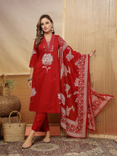 Stylum Women's Red Solid & Embroidered Cotton A-Line Kurta Pant Dupatta Set (KPDREDMUSAFIR)