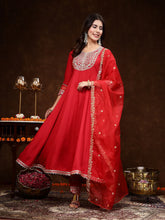 Women's Red Solid & Embroidered Rayon Anarkali Kurta Pant Dupatta Set-KPDREDQUEEN