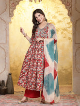 Women's Red Floral Printed & Embroidered Rayon Flared Kurta Palazzo Dupatta Set-KPDREDSWAN