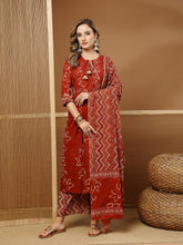 Stylum Women's Rust Floral Printed Cotton A-Line Kurta Palazzo Dupatta Set (KPDRUSTNIKUNJ)