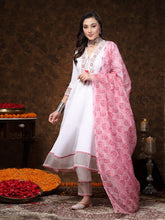 Women's White Solid & Embroidered Italian Crush Anarkali Kurta Pant Dupatta Set-KPDWHITEBANDRA