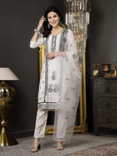 Women's White Pakistani Solid & Embroidered Silk Blend Straight Kurta Pant Dupatta-KPDWHITELEE
