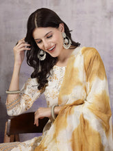 Women's Yellow Tropical Printed Cotton Blend Straight Kurta Pant Dupatta Set-KPDYELLOWSOMI