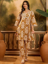 Stylum Women's Mustard Ikat Printed Cotton A-Line Kurta Pant Set (KPMUSTARDPOLLY)