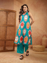 Stylum Women's Turquoise Kalamkari Face Printed Rayon A-Line Kurta Palazzo Set (KPTURQRANCHI)