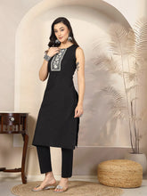 Women's Embroidered Cotton Blend Straight Kurta Pant Set-KPXBLACKKUSH