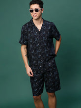 Men Navy Blue Cuban Collar Printed Co Ords Set-Kinsey-3333-Navyblue