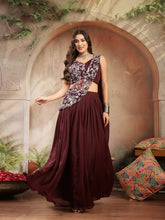 Stylum Women's Wine Solid & Embroidered Poly Georgette Lehenga Choli With Drape Dupatta (LEHWINENAVYA)