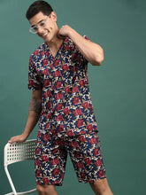 Men Printed Cuban Collar Navy Blue Relaxed Fit Co Ords Set-Lucas-3131-Navyblue