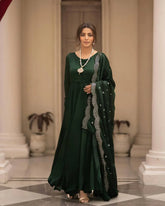 Women's Green Roman Cotton Solid Anarkali Kurta Pant With Dupatta-MED3-TD-6010-GREEN