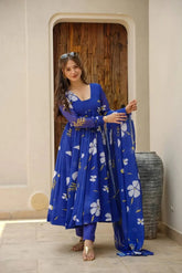 Women's Blue Georgette Digital Print Anarkali Kurta Pant With Dupatta-MED3-TD-6011-BLUE