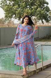 Women's Sky Blue Georgette Digital Print Anarkali Kurta Pant With Dupatta-MED3-TD-6020-SKY