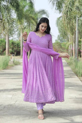 Women's Lavender Faux Georgette Embroidered Anarkali Kurta Pant With Dupatta-MED3-TD-6034-LAVENDER