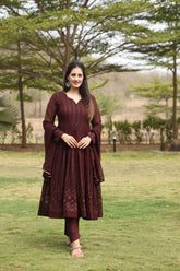 Women's Wine Georgette Embroidered Anarkali Kurta Pant With Dupatta-MED3-TD-6037-WINE