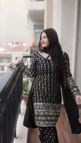 Women's Black Faux Georgette Embroidered Straight Kurta Plazzo With Dupatta-MED3-TD-6038-BLACK