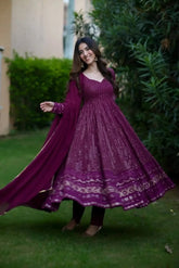 Women's Wine Faux Georgette Embroidered Anarkali Kurta Pant With Dupatta-MED3-TD-6039-WINE