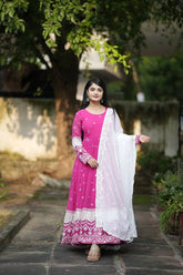 Women's Pink Faux Georgette Embroidered Anarkali Kurta Pant With Dupatta-MED3-TD-6040-PINK