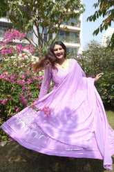 Women's Lavender Faux Georgette Embroidered Anarkali Kurta Pant With Dupatta-MED3-TD-6046-LAVENDER