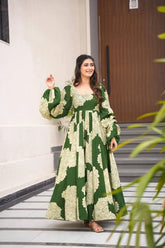 Women's Green Muslin Digital Print Anarkali Gown With Pant-MED3-TD-6047-GREEN