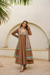 Women's Brown Muslin Digital Print Anarkali Kurta Pant With Dupatta-MED3-TD-6050-BROWN