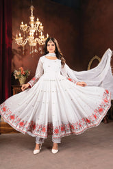 Women's White Faux Georgette Embroidered Anarkali Kurta Pant With Dupatta-MED3-TD-6056-WHITE