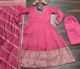 Women's Pink Chinon Silk Sequence Anarkali Kurta Pant With Dupatta-MED3-TD-6058-PINK
