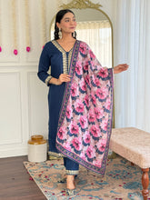 Women's Petrol Viscose Slub Embroidered Straight Kurta Pant With Dupatta-MDC-D114 PETROL