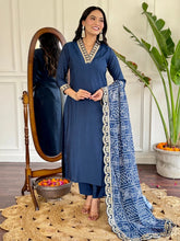Women's Blue Viscose Silk Embroidered Straight Kurta Pant With Dupatta-MDC-D586-BLUE