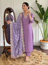 Women's Lavender Viscose Silk Embroidered Straight Kurta Pant With Dupatta-MDC-D586-LAVENDER