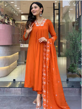 Women's Orange Silk Chiffon Embroidered Straight Kurta Pant With Dupatta-MDC-D604-ORANGE