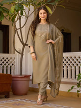 Women's Beige Rayon Embroidered Straight Kurta Pant With Dupatta-MDC-MV-6029-BEIGE