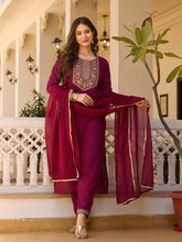 Women's Maroon Rayon Embroidered Straight Kurta Pant With Dupatta-MDC-MV-6029-MARUN