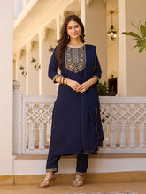 Women's Navy Blue Rayon Embroidered Straight Kurta Pant With Dupatta-MDC-MV-6029-NAVY