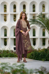 Women's Brown Tissue with floral printed and Embroidered Straight Kurta Pant With Dupatta-MDC-S2001-BROWN