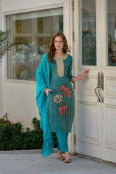 Women's Sky Blue Tissue with floral printed and Embroidered Straight Kurta Pant With Dupatta-MDC-S2002-SKY