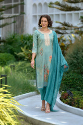Women's Aqua Blue Tissue with floral printed and Embroidered Straight Kurta Pant With Dupatta-MDC-S2003-SKY