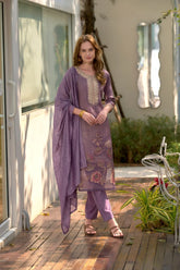 Women's Purple Tissue with floral printed and Embroidered Straight Kurta Pant With Dupatta-MDC-S2004-PURPLE