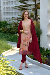 Women's Peach Viscose Tissue with floral printed and Embroidered Straight Kurta Pant With Dupatta-MDC-S2009-PEACH