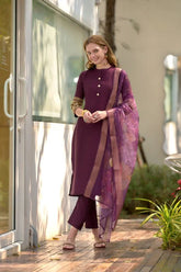 Women's Wine Roman Silk Embroidered Straight Kurta Pant With Dupatta-MDC-S2010-WINE
